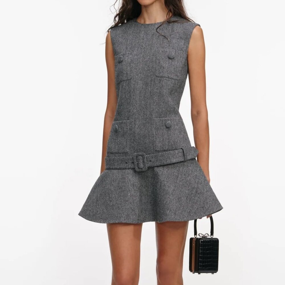 Self-Portrait - Gray Striped Skirt Midi Dress